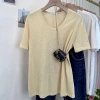 Bamboo joint cotton thin T-shirt, summer laid-back and casual style, U-neck loose and slightly transparent short-sleeved new versatile and breathable top for women details Picture